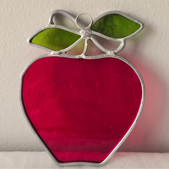 Vintage Stained Glass Red Apple Suncatcher Wall Hanging Ornament - Picture 2 of 8